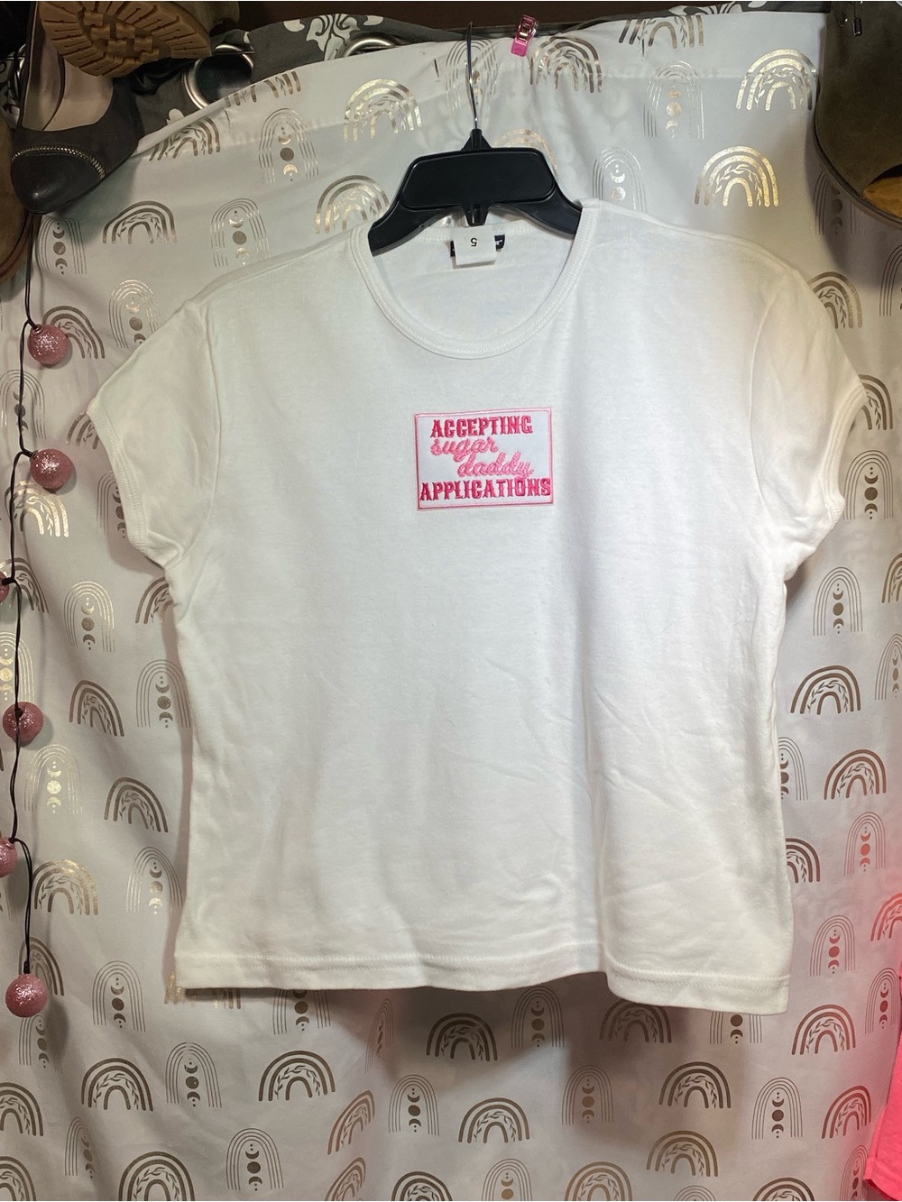 Up Cycled White Graphic Tee with Pink Patch